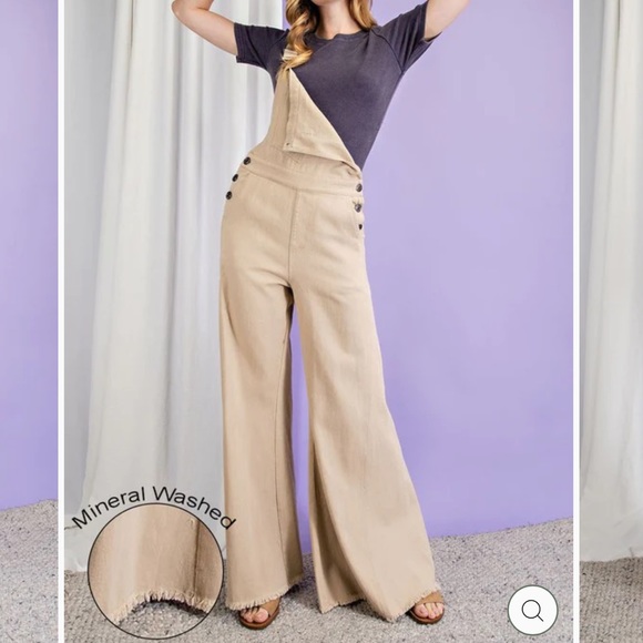 eesome Jeans Eesomme Tan Overalls Flare Leg Raw Hem Nwt Poshmark